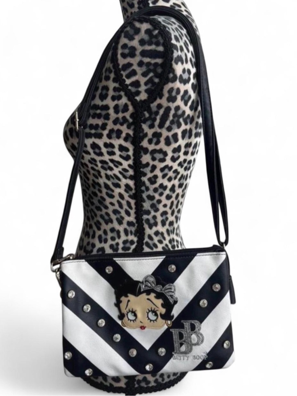 Betty Boop Black & White Chevron Rhinestone Crossbody